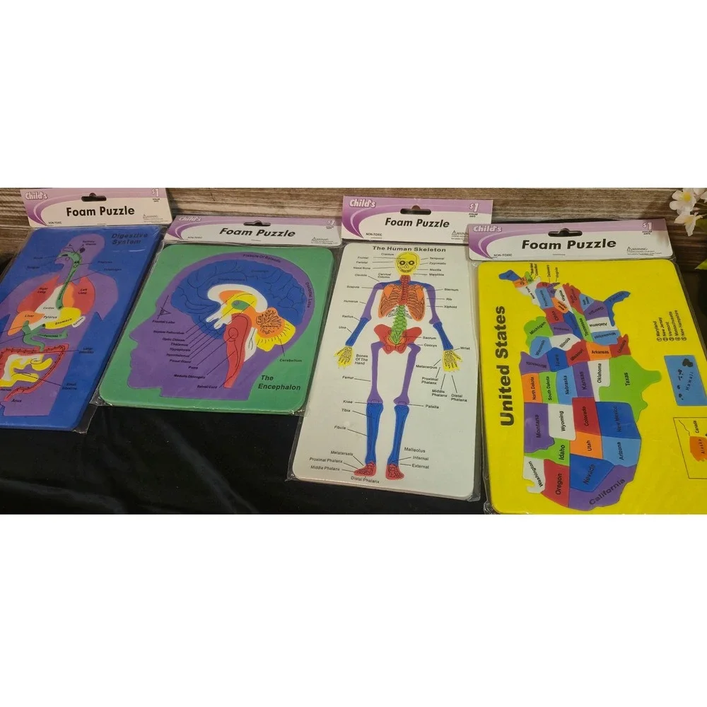 Childs Educational Foam Puzzle Set 4pk US Map Skeleton Brain Digestive System